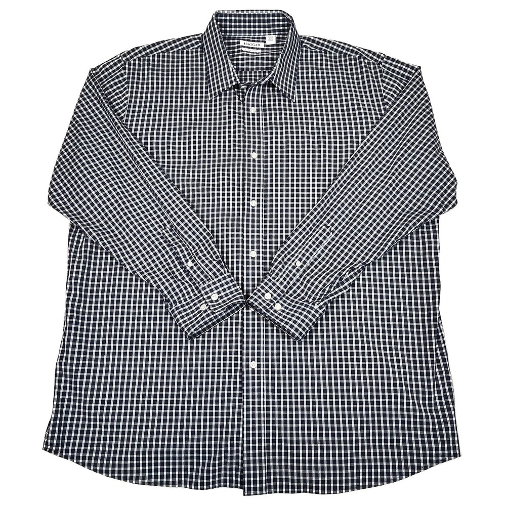 Haggar Men's 2XL Classic Fit Plaid Dress Shirt Navy Blue White 18-18.5 36/37 L/S